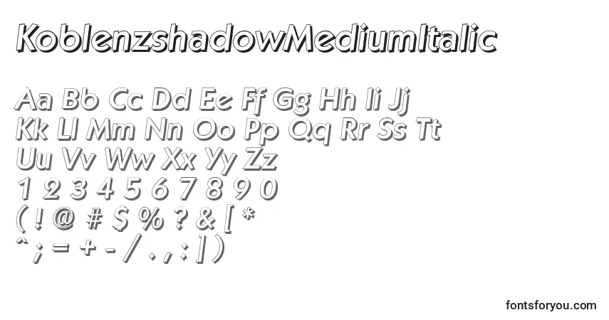 Шрифт KoblenzshadowMediumItalic – алфавит, цифры, специальные символы
