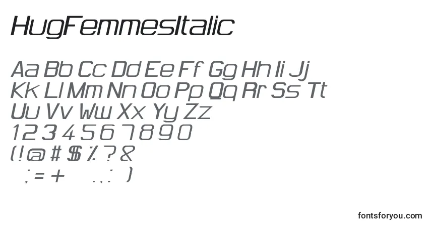 A fonte HugFemmesItalic – alfabeto, números, caracteres especiais