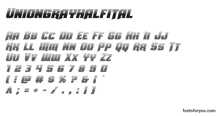 Czcionka Uniongrayhalfital – alfabet, cyfry, specjalne znaki