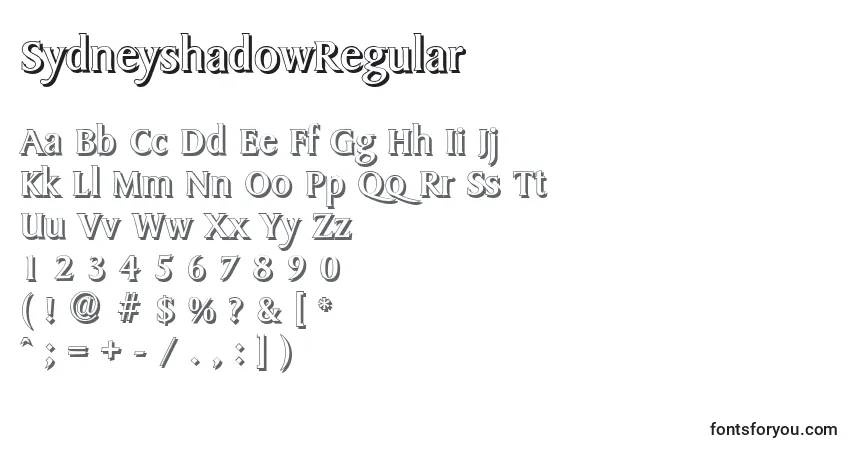 Czcionka SydneyshadowRegular – alfabet, cyfry, specjalne znaki
