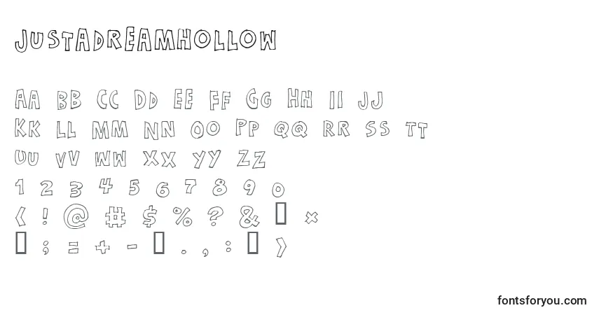 A fonte Justadreamhollow – alfabeto, números, caracteres especiais