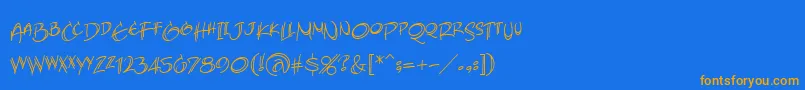 フォントAtlandsketchesBb – オレンジ色の文字が青い背景にあります。