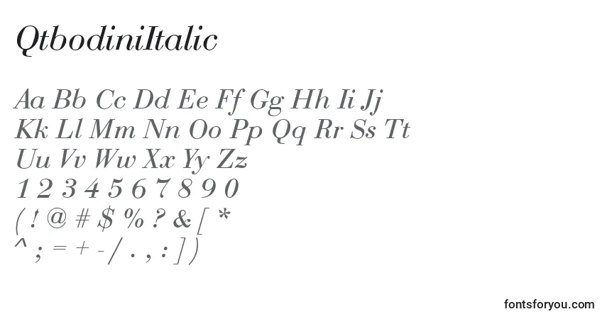 Schriftart QtbodiniItalic – Alphabet, Zahlen, spezielle Symbole