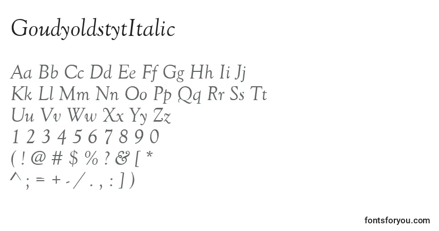 GoudyoldstytItalic-fontti – aakkoset, numerot, erikoismerkit