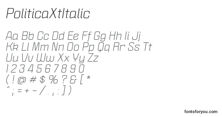 A fonte PoliticaXtItalic – alfabeto, números, caracteres especiais