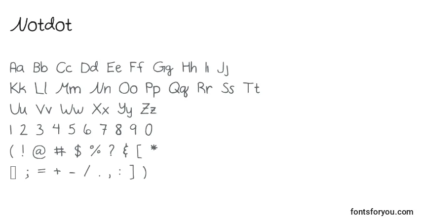 Czcionka Notdot – alfabet, cyfry, specjalne znaki