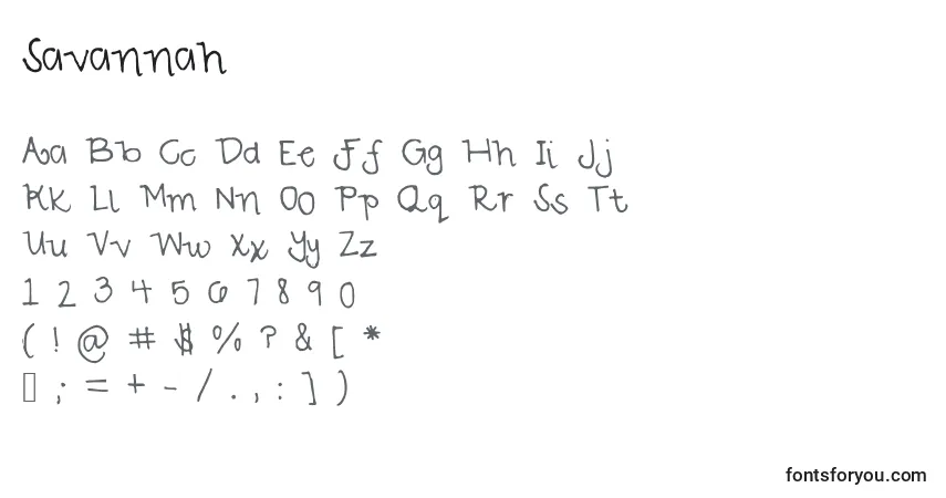 Czcionka Savannah – alfabet, cyfry, specjalne znaki
