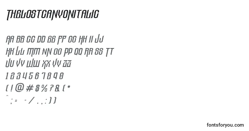 Czcionka ThelostcanyonItalic – alfabet, cyfry, specjalne znaki
