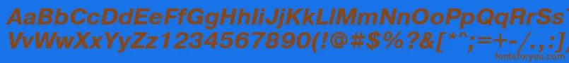 フォントPrg76Ac – 茶色の文字が青い背景にあります。