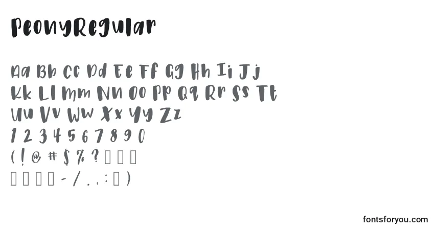 Czcionka PeonyRegular – alfabet, cyfry, specjalne znaki