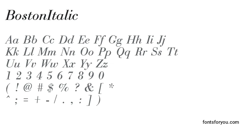 Schriftart BostonItalic – Alphabet, Zahlen, spezielle Symbole