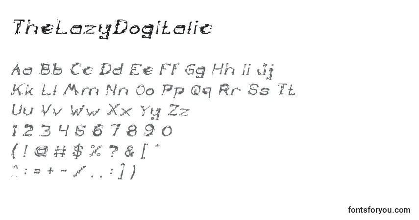 Czcionka TheLazyDogItalic – alfabet, cyfry, specjalne znaki