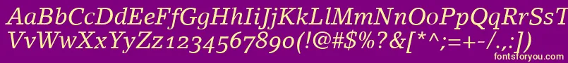 フォントLinoletterItalicOldstyleFigures – 紫の背景に黄色のフォント