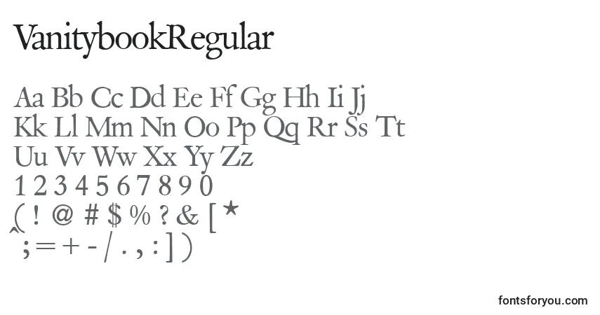 Czcionka VanitybookRegular – alfabet, cyfry, specjalne znaki