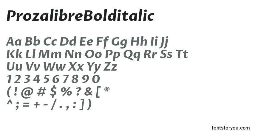 A fonte ProzalibreBolditalic – alfabeto, números, caracteres especiais