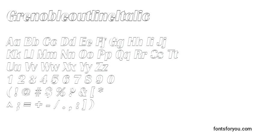 Fuente GrenobleoutlineItalic - alfabeto, números, caracteres especiales