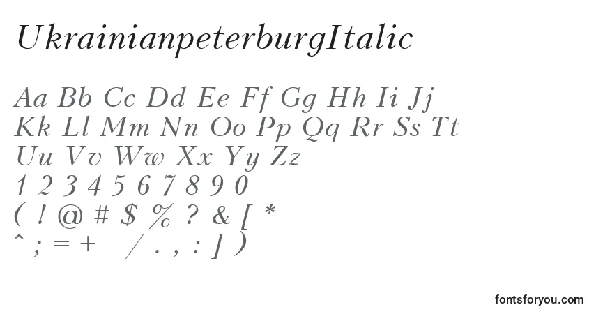 Czcionka UkrainianpeterburgItalic – alfabet, cyfry, specjalne znaki
