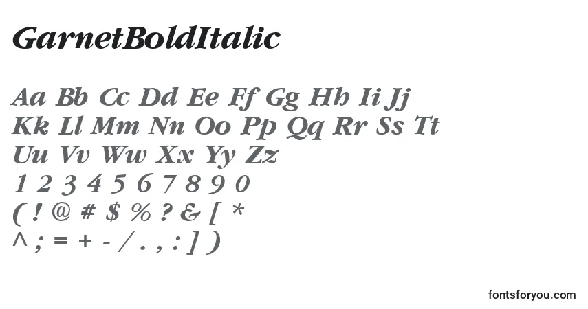 Czcionka GarnetBoldItalic – alfabet, cyfry, specjalne znaki
