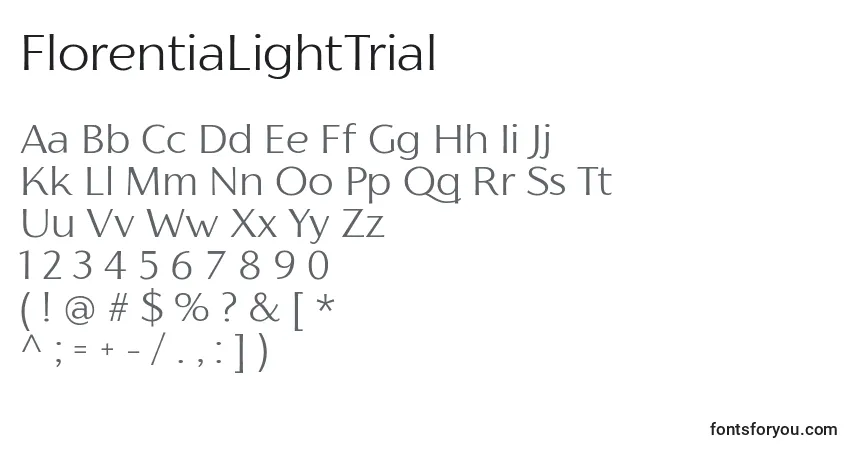 Czcionka FlorentiaLightTrial – alfabet, cyfry, specjalne znaki