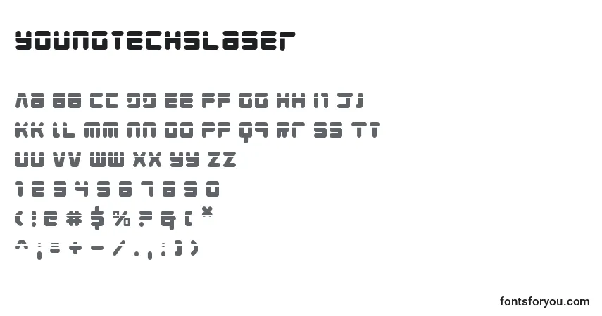 Schriftart Youngtechslaser – Alphabet, Zahlen, spezielle Symbole