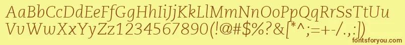 フォントPmnCaeciliaLt46LightItalic – 茶色の文字が黄色の背景にあります。