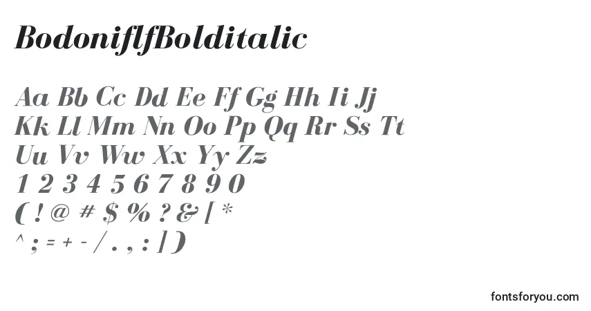 A fonte BodoniflfBolditalic – alfabeto, números, caracteres especiais