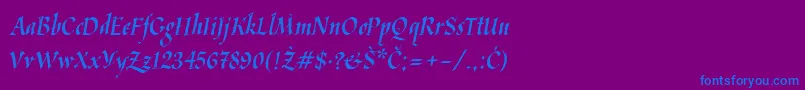 フォントKaligraflatin – 紫色の背景に青い文字