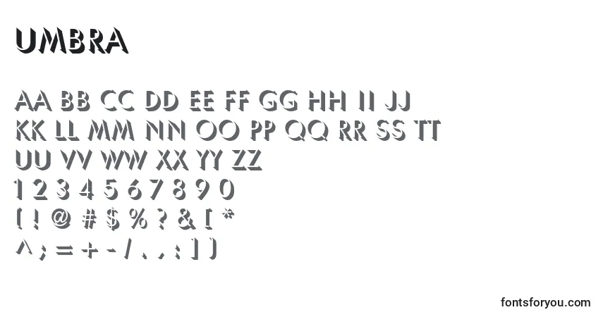 Umbra-fontti – aakkoset, numerot, erikoismerkit