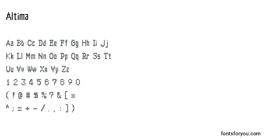Czcionka Altima – alfabet, cyfry, specjalne znaki