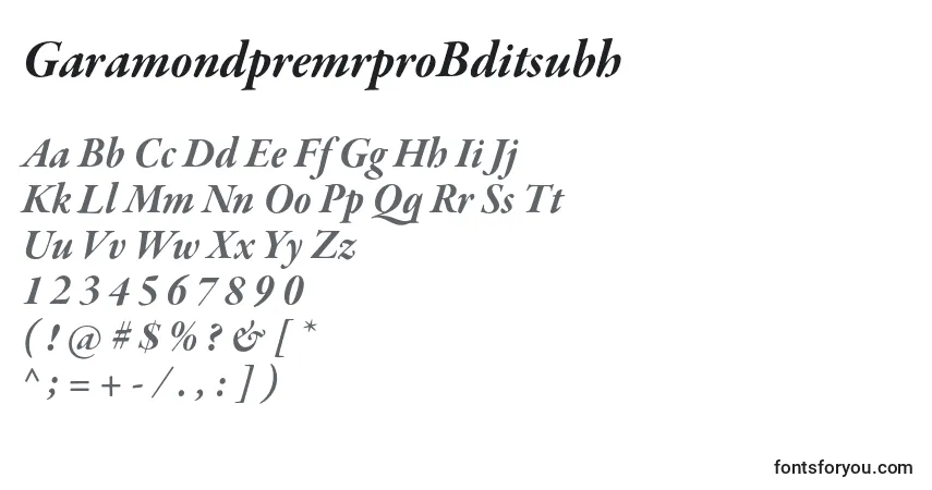 A fonte GaramondpremrproBditsubh – alfabeto, números, caracteres especiais