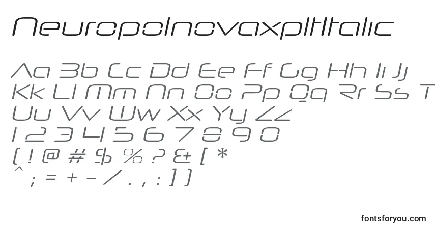 Czcionka NeuropolnovaxpltItalic – alfabet, cyfry, specjalne znaki
