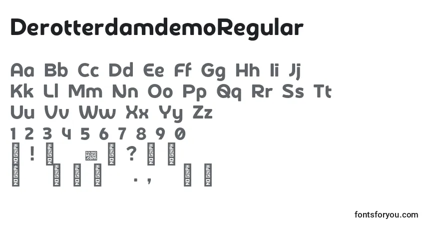Czcionka DerotterdamdemoRegular – alfabet, cyfry, specjalne znaki