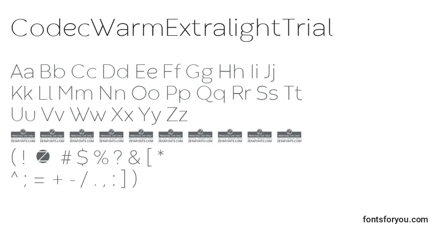 Czcionka CodecWarmExtralightTrial – alfabet, cyfry, specjalne znaki