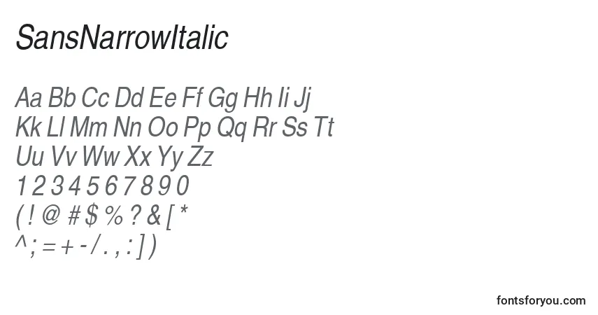 Schriftart SansNarrowItalic – Alphabet, Zahlen, spezielle Symbole