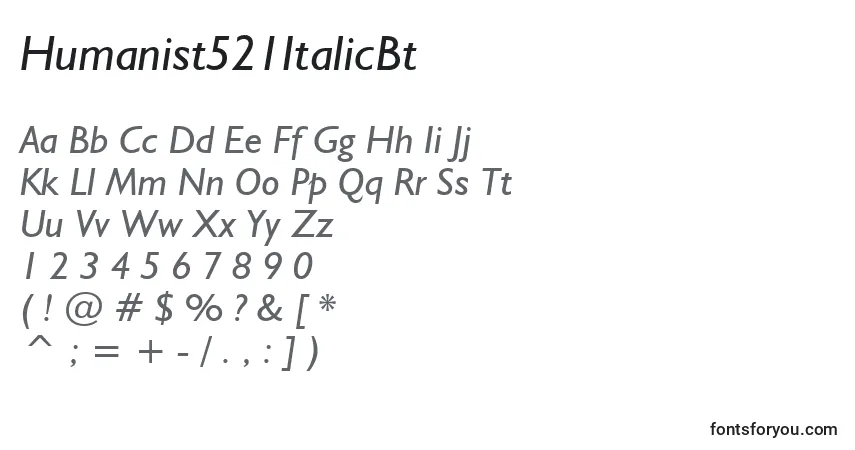 Шрифт Humanist521ItalicBt – алфавит, цифры, специальные символы