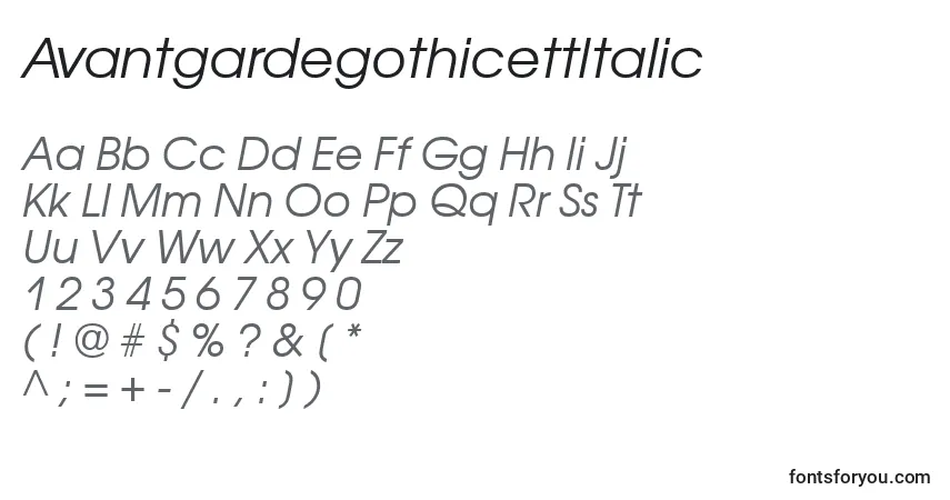 A fonte AvantgardegothicettItalic – alfabeto, números, caracteres especiais