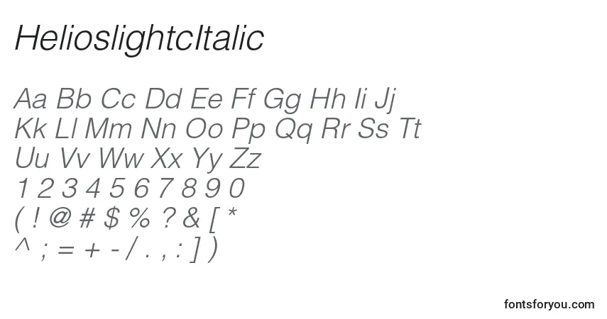 A fonte HelioslightcItalic – alfabeto, números, caracteres especiais