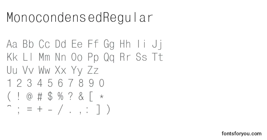 Czcionka MonocondensedRegular – alfabet, cyfry, specjalne znaki