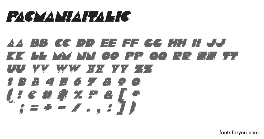 Schriftart PacmaniaItalic – Alphabet, Zahlen, spezielle Symbole
