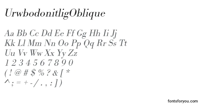 UrwbodonitligObliqueフォント–アルファベット、数字、特殊文字