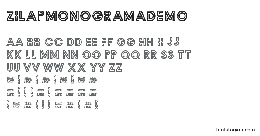 Czcionka ZilapMonogramaDemo – alfabet, cyfry, specjalne znaki