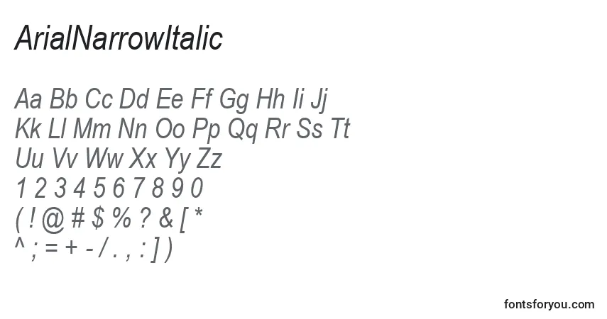 Czcionka ArialNarrowItalic – alfabet, cyfry, specjalne znaki