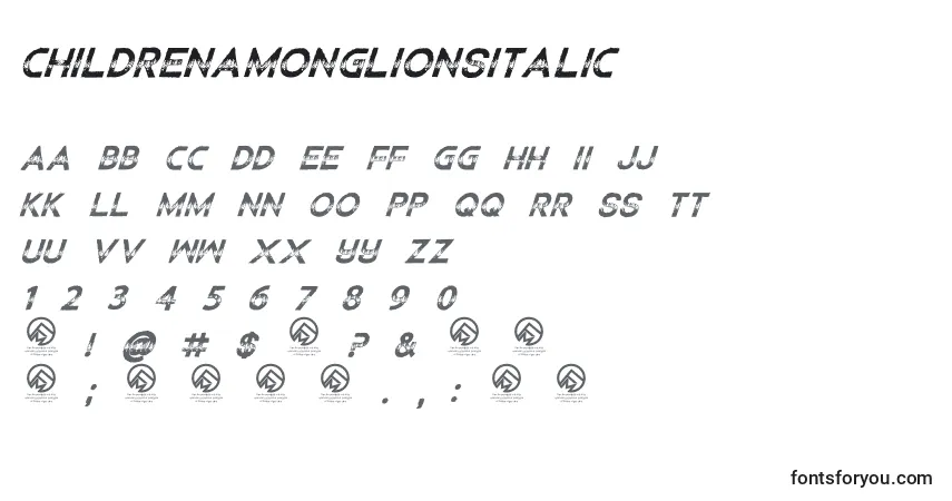 A fonte ChildrenamonglionsItalic – alfabeto, números, caracteres especiais