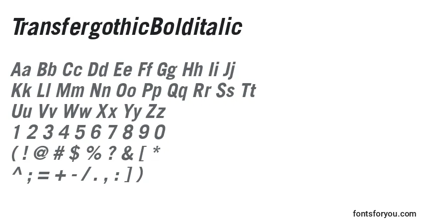 Schriftart TransfergothicBolditalic – Alphabet, Zahlen, spezielle Symbole