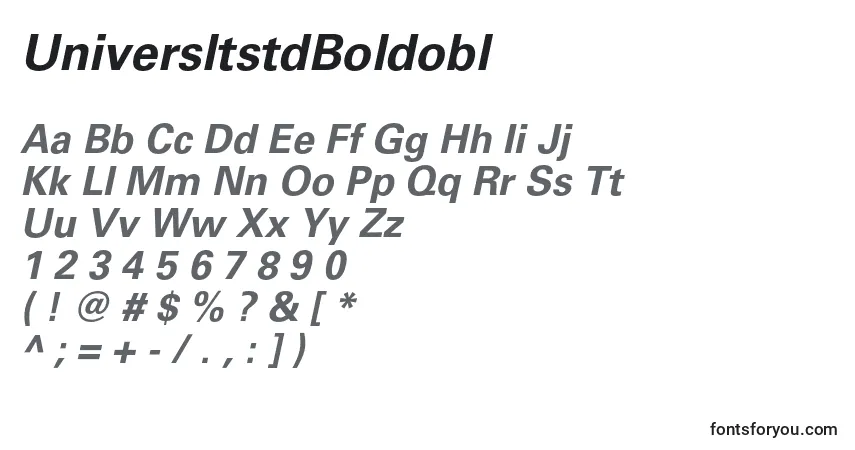 Czcionka UniversltstdBoldobl – alfabet, cyfry, specjalne znaki
