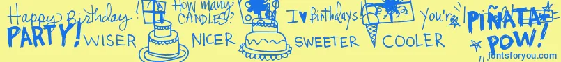 フォントDjbItsMyBirthday – 青い文字が黄色の背景にあります。