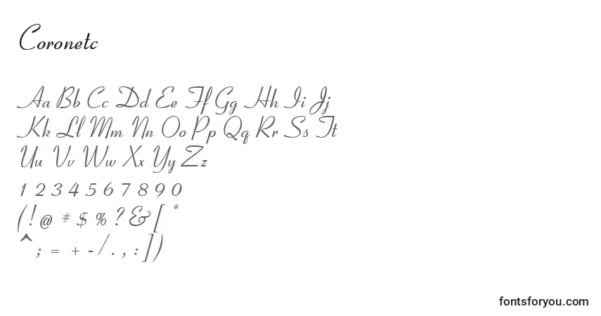 Czcionka Coronetc – alfabet, cyfry, specjalne znaki