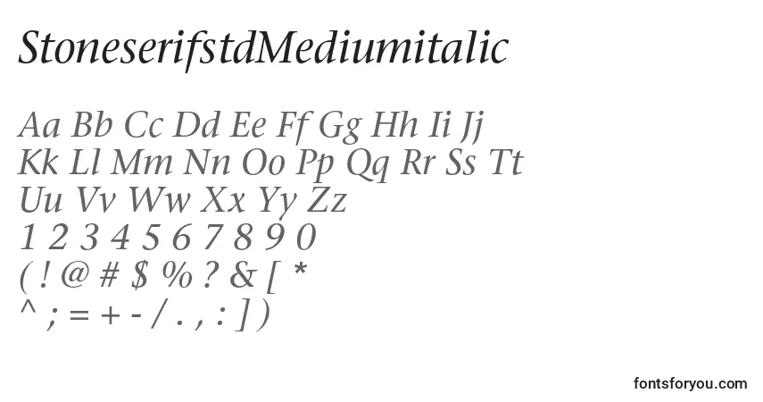 A fonte StoneserifstdMediumitalic – alfabeto, números, caracteres especiais