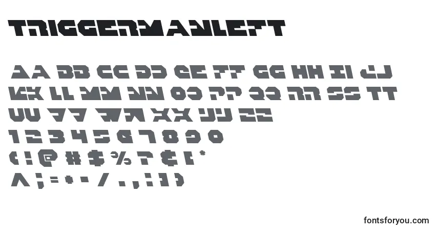 Czcionka Triggermanleft – alfabet, cyfry, specjalne znaki