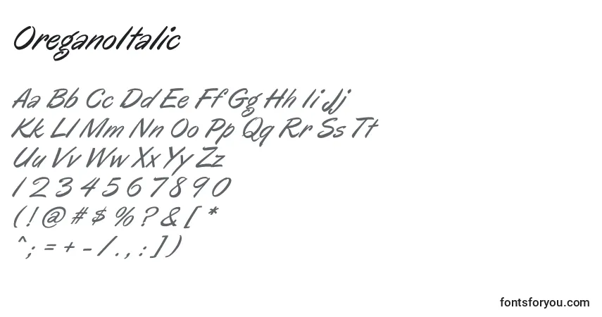 Czcionka OreganoItalic – alfabet, cyfry, specjalne znaki
